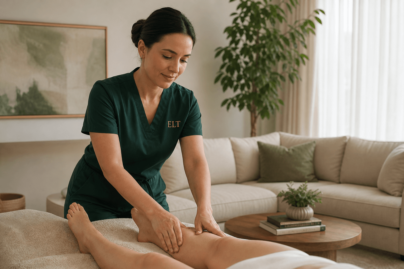 Licensed ELT therapist providing lymphatic drainage during a home visit